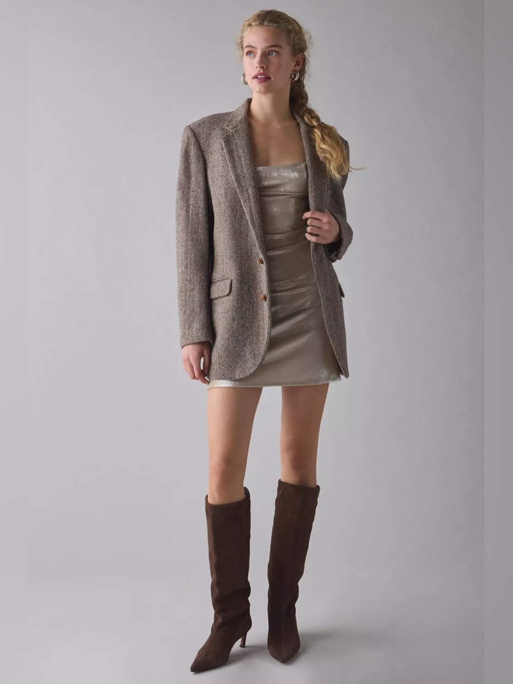 Urban Outfitters | Melody Metallic Cowl Neck Strappy Back Mini Dress Taupe Large - Picture 5 of 9